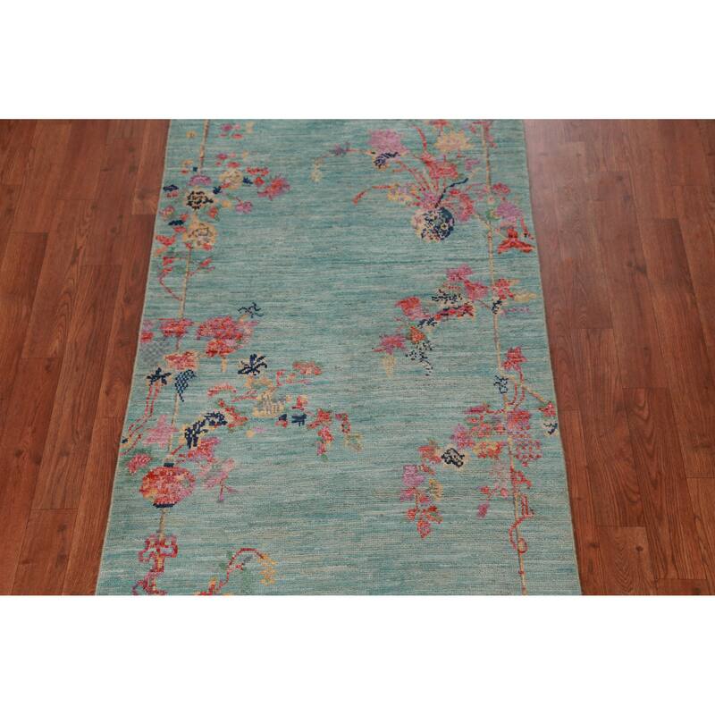Art Deco Turkish Runner Rug Hand-Knotted Blue Wool Carpet - 2'8" x 8'1"