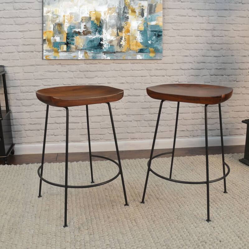 Set of 2 Chestnut Brown Black Counter Stools with Curved Seat 24.5"