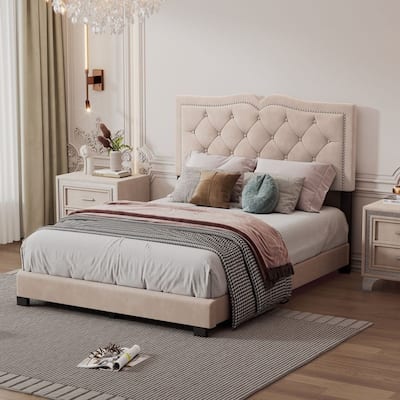 Velvet Upholstered Platform Bed with Tufted Headboard