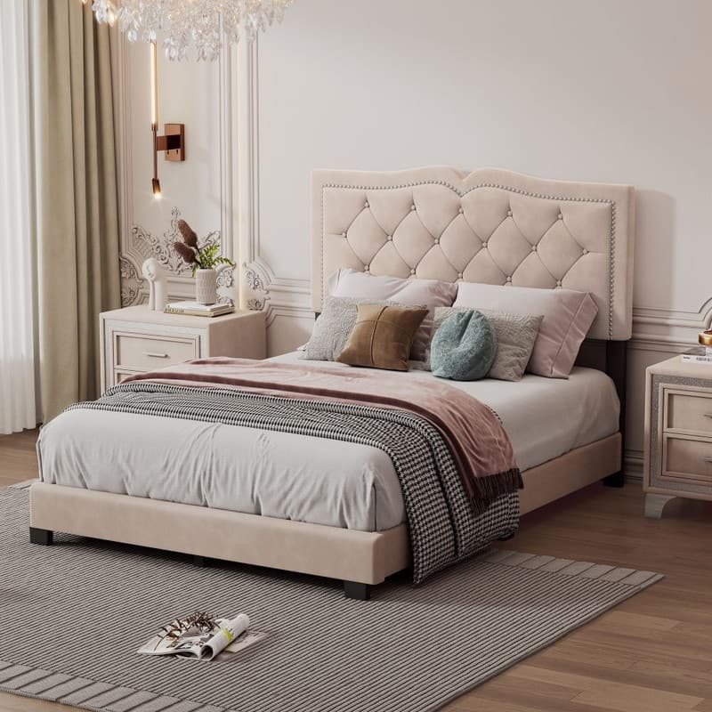Velvet Upholstered Platform Bed with Tufted Headboard