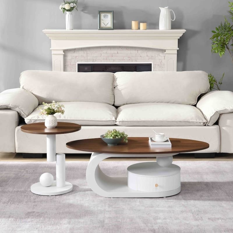 Modern MDF Oval and Round Table Set with Storage for Living Room - White