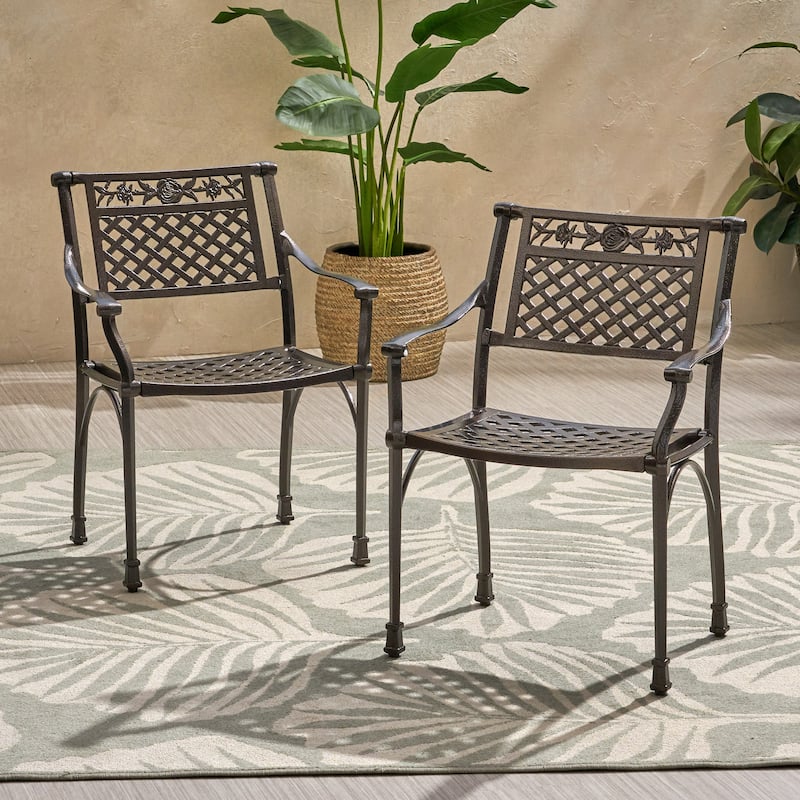 Roomfitters Cast Aluminum Outdoor Chair Set with Lattice Backrest and Classic Arm Design for Patio or Garden Seating, Bronze