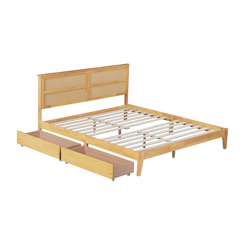 Platform Bed with Rattan Headboard, Wood Slats Support and Enhanced Support Legs - Optional Storage Bed with 2 Drawers