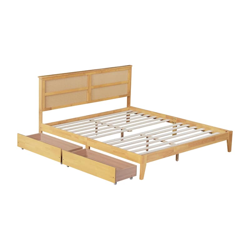 Queen Platform Bed with Rattan Headboard, 2 Drawers, Solid Rubber Wood Frame