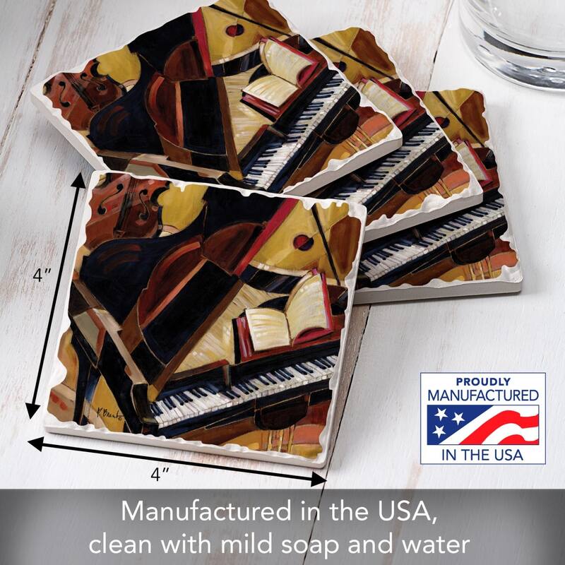 Abstract Piano 4-Pack Absorbent Stone Coasters with Protective Cork Backing 4" Square Made in The USA Easily Wipes Clean