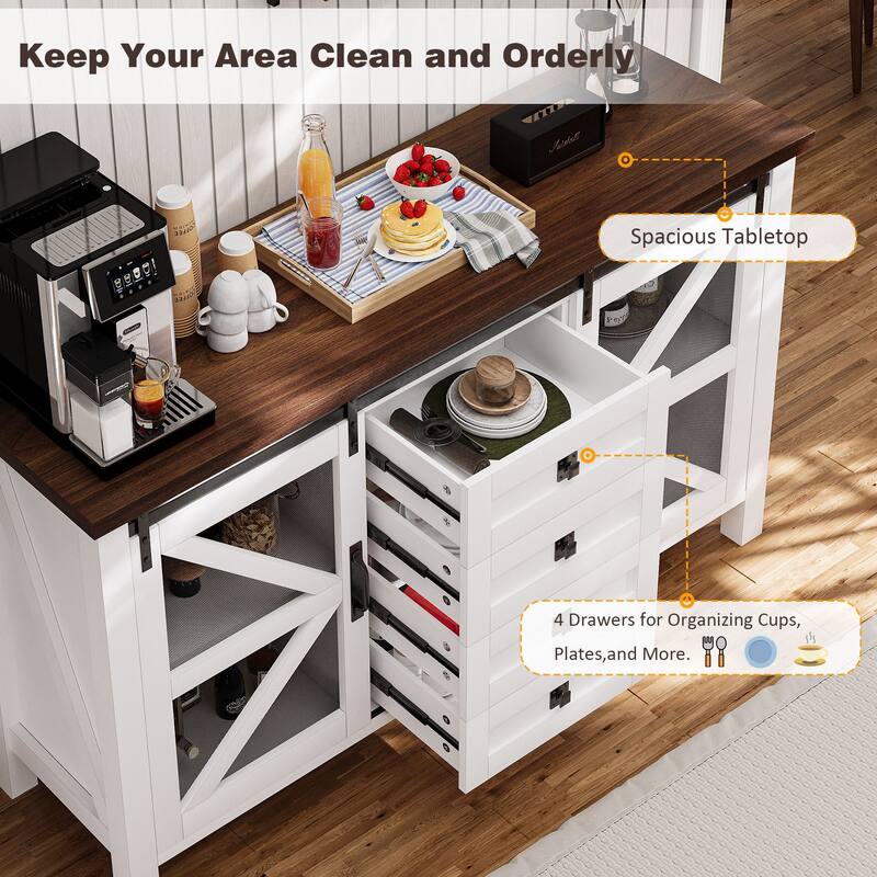 Gymojoy Farmhouse Buffet Cabinet with Barn Doors, 4 Drawers, for Kitchen, Dining Room, Living Room Storage
