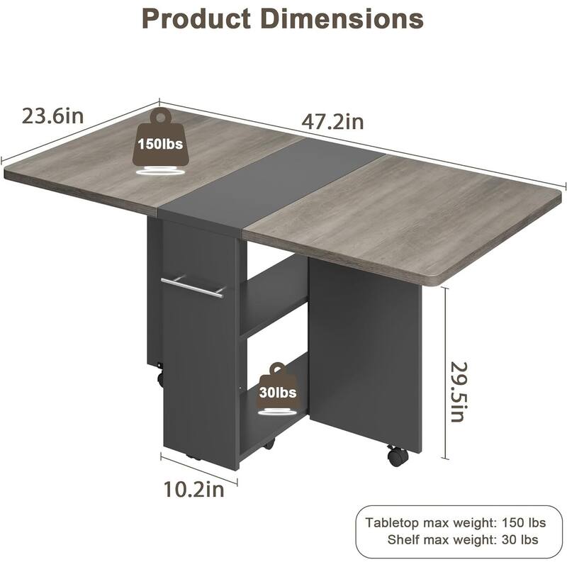 Folding Dining Table, Space Saving Farmhouse Dining Table for 4 Storage Shelf, 6 Wheels Multipose Expandable Kitchen