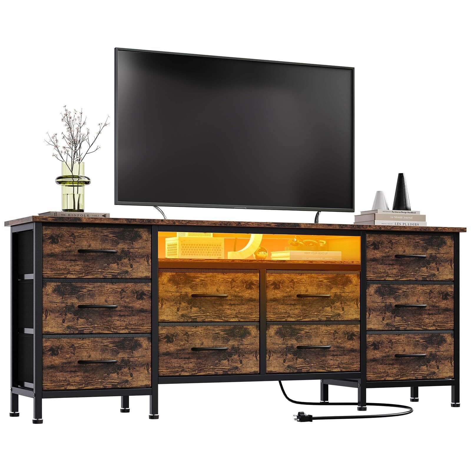 Modern 63" Long Dresser with 10 Fabric Drawers, LED Lights, Built-in Power Outlets, Wide Bedroom Storage Chest