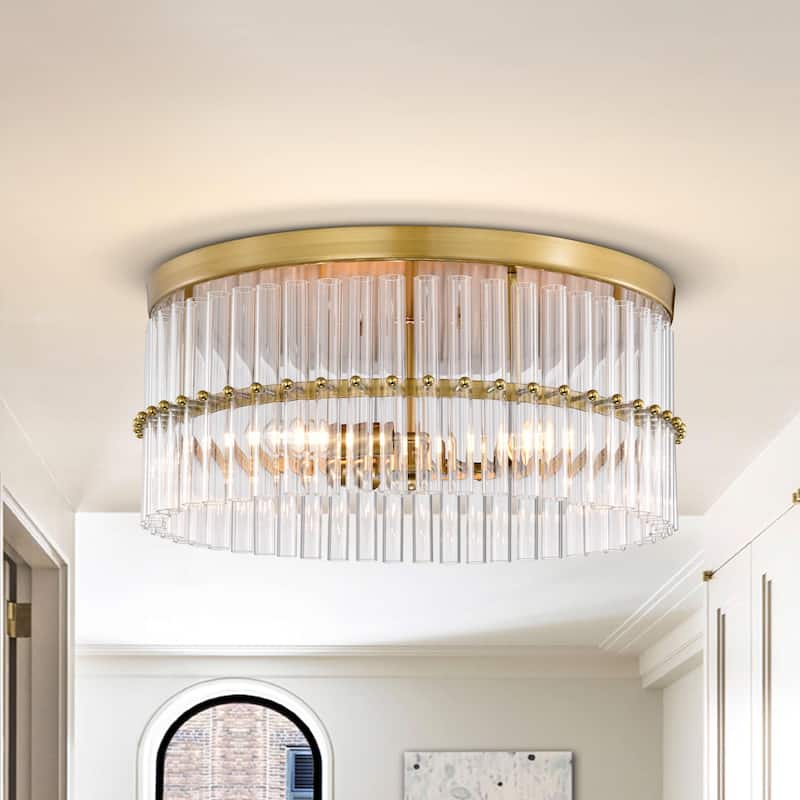Casandra Brushed Brass 3-light Crystal Glass Bar Round Flush Mount - 18.3 inches in diameter x 8.5 inches H