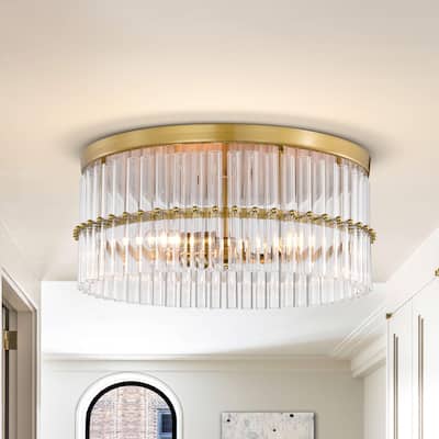 Casandra Brushed Brass 3-light Crystal Glass Bar Round Flush Mount - 18.3 inches in diameter x 8.5 inches H