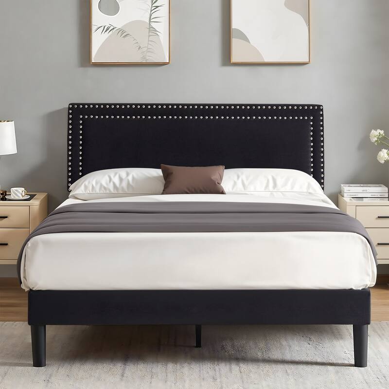 VECELO Upholstered Bed Frames with Height Adjustable Headboard - Black - Queen