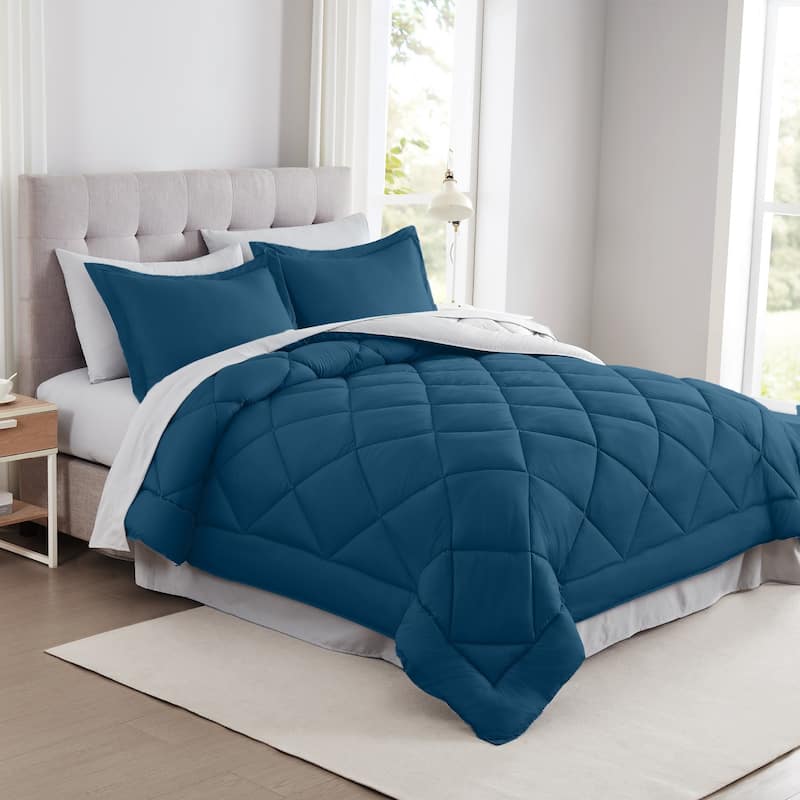 Modern Threads 7-Piece Reversible Comforter Set - Includes Comforter, Sheets, Pillowcases, Shams - Navy - Queen
