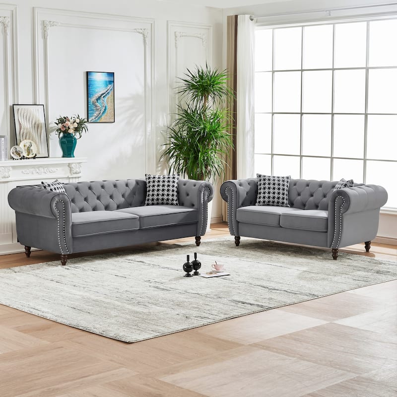 Roomfitters 87" + 67" Classic Chesterfield Upholstered Sofa and Loveseat Set, Buttoned Back Scrolled Arm Couch Furniture - Gray