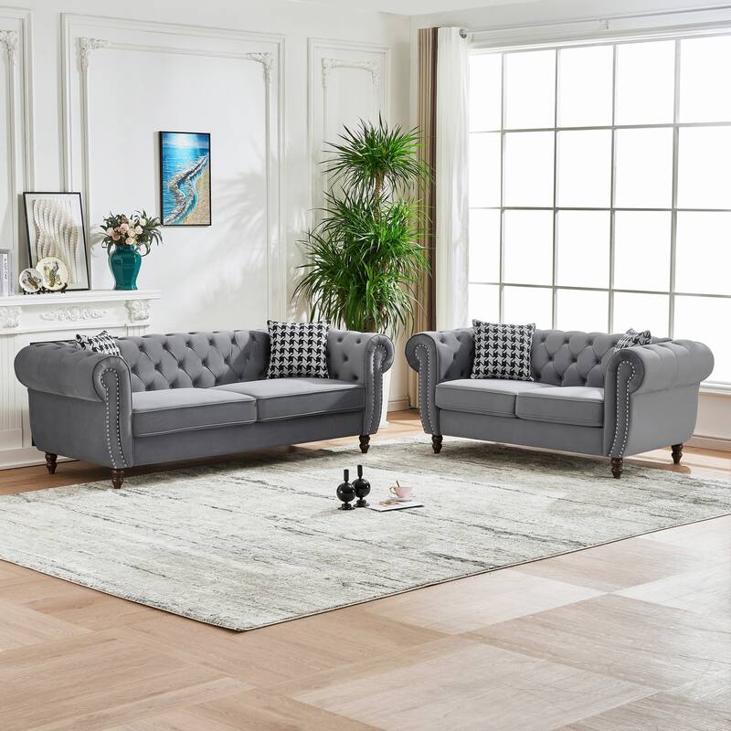 Velvet Chesterfield Sofa Set of 2 with Loveseat and 3 Seater Couch, Deep Seat Tufted Sofas with Nailhead Trim and Rolled Arms