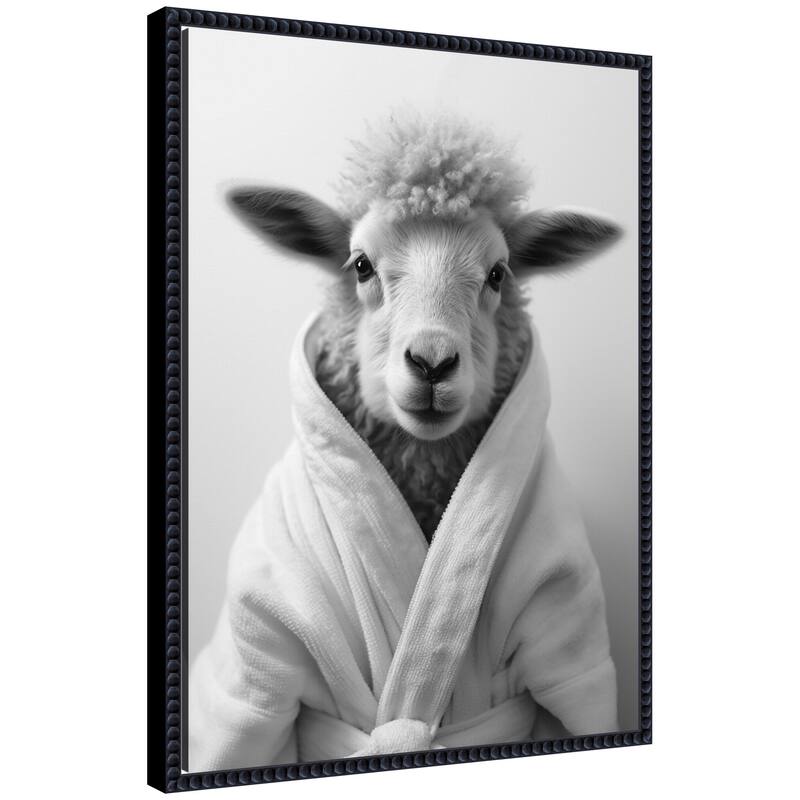 Kate and Laurel Sylvie Sheep Bathroom Art Towel Robe Black and White Framed Canvas by The Creative Bunch Studio - 18x24 - Black
