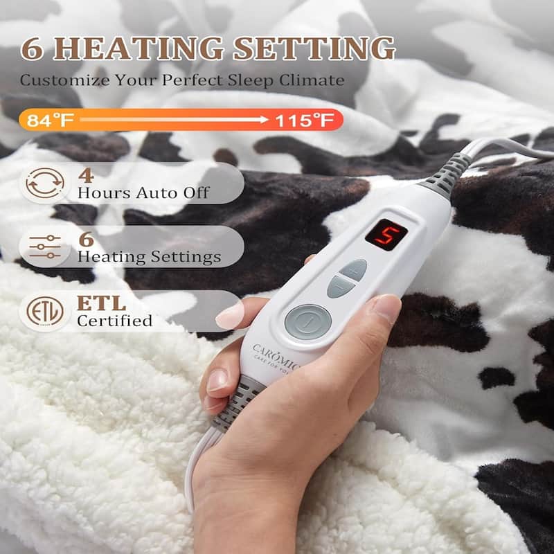 Heated Electric Blanket Throw Cow Print Black Brown