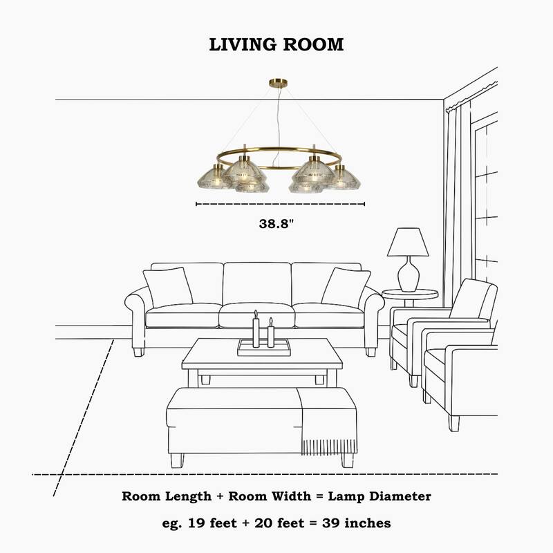 Modern 6-Light Chandelier Gold Ring with Mercury Glass for Kitchen Dining Room - 38.8 " L × 8.3 " H