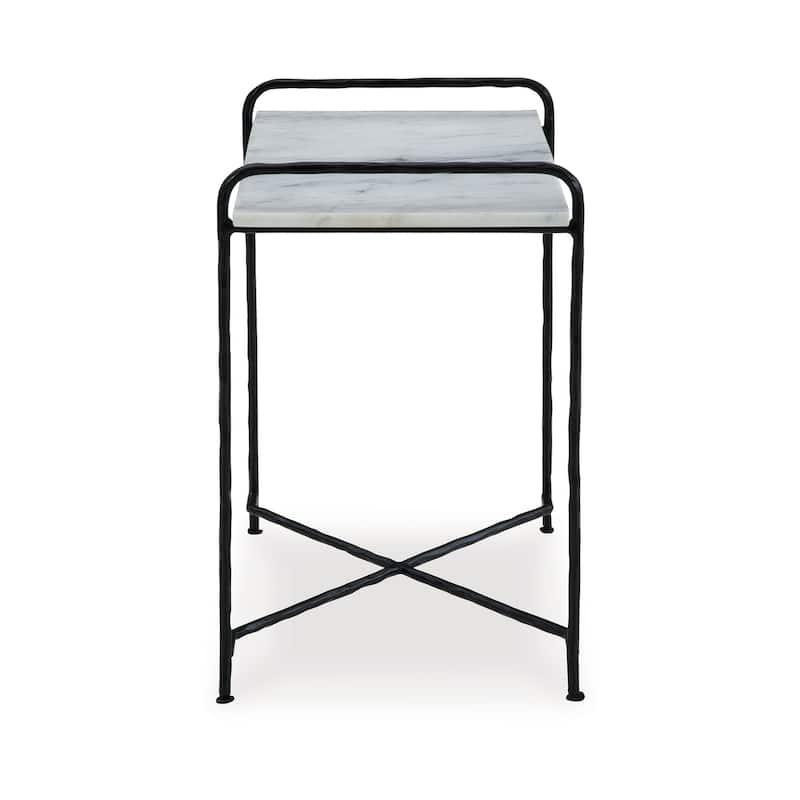Accent Table, 22 Inch White Marble Top, Industrial Black Metal Legs