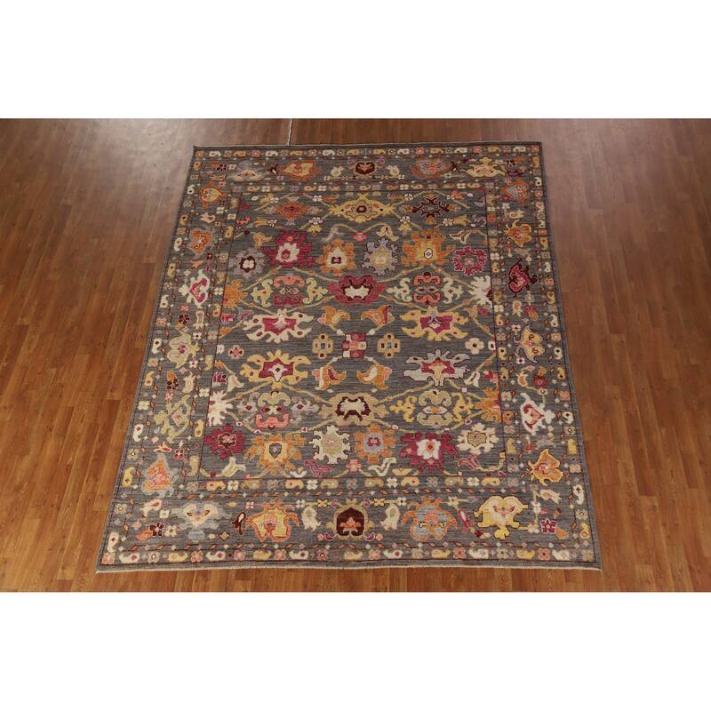 Hand Knotted Oriental 100% Wool Carpet Transitional All-Over Greys & Charcoal Oushak Area Rug - 9' 11'' X 8' 2''