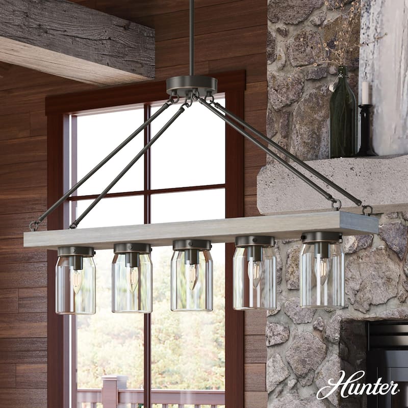 Hunter Devon Park 5-Light Linear Chandelier - Kitchen Island, Dining Room - Rustic, Farmhouse - Onyx Bengal