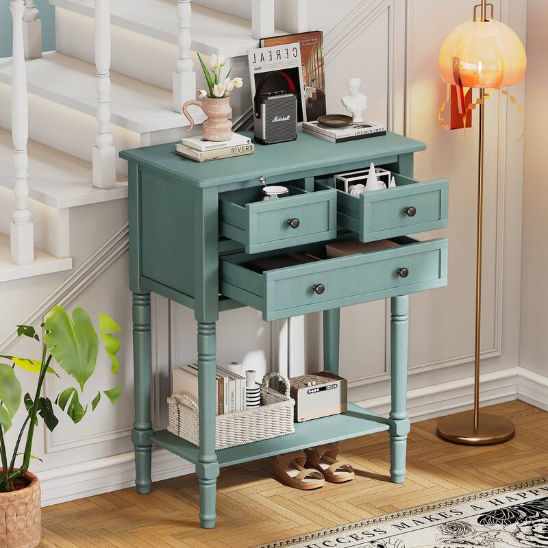 Narrow Console Table, Slim Sofa Table with Three Storage Drawers and Bottom Shelf - Light Blue
