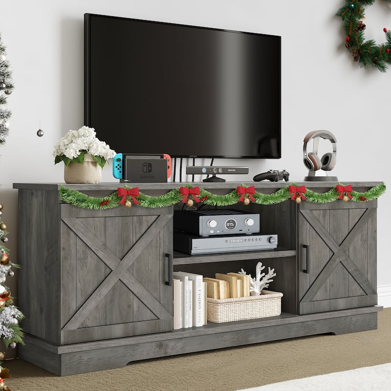 Farmhouse TV Stand for 65 Inch TV Media Console Entertainment Center Rustic Barn Doors - Grey