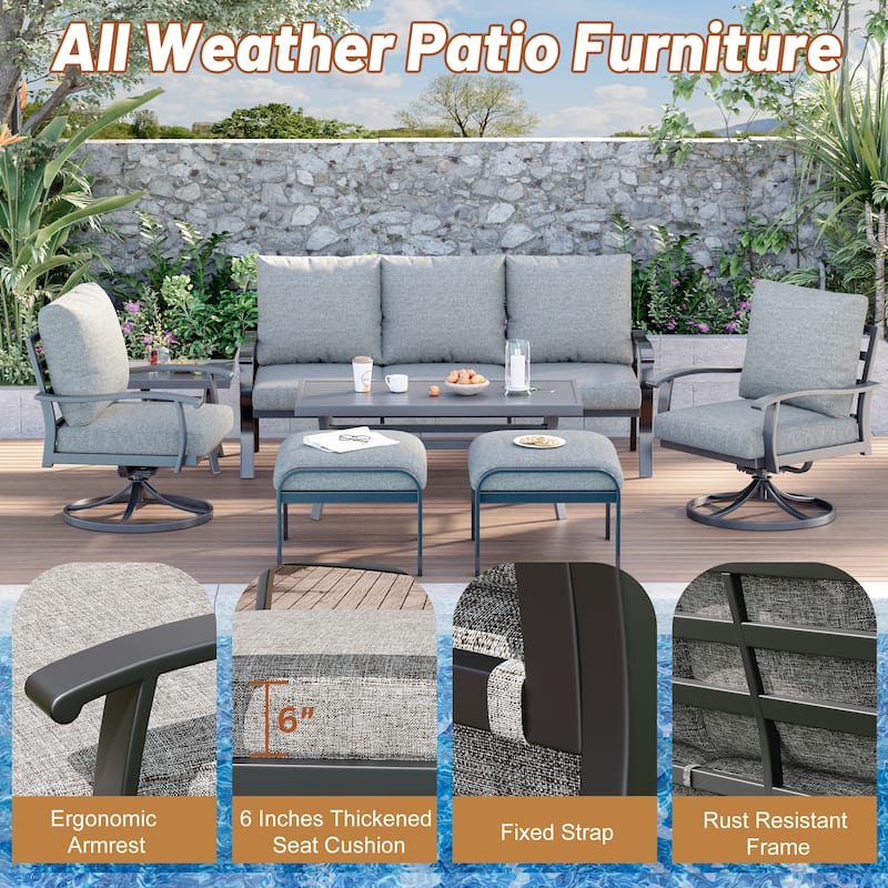 EROMMY Patio Set: 360° Swivel Rockers, Sofa, Ottomans & Table – Outdoor Conversation Set for Poolside, Garden & Deck