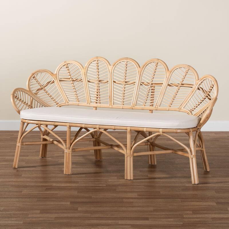 Eliava Natural Rattan Accent Bench with Cushion - Coastal Boho Loveseat with Scalloped Fan Back for Living Room or Sunroom