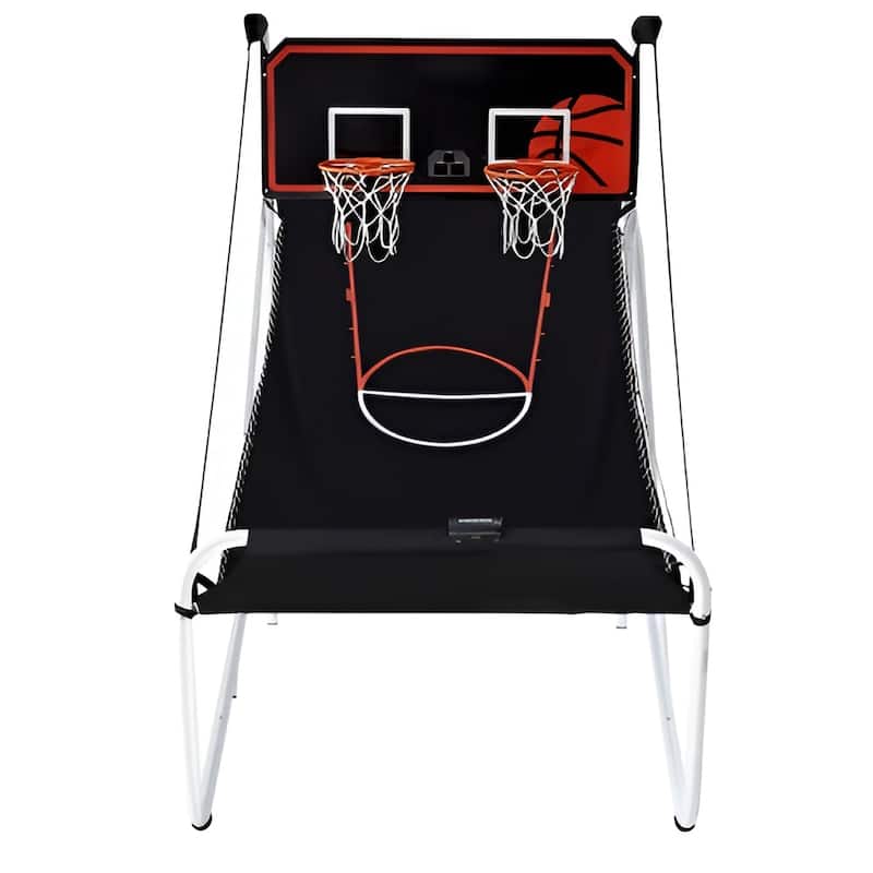 Black-White Steel Dual Hoop Basketball Arcade Game with 8 Games Modes and Foldable Frame - 80” L x 54” W x 81” H