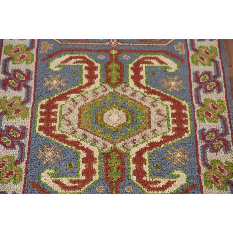 Blue Geometric Heriz Serapi Style Runner Rug Hand-Knotted Wool Carpet - 2'5" x 9'9"