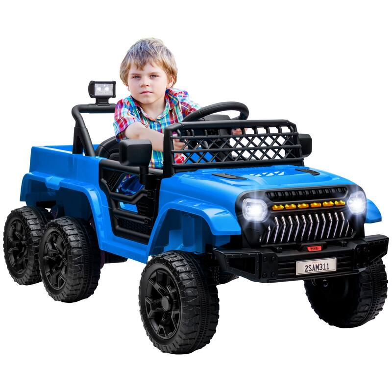 12V 4x4 Kids Ride On Truck with Back Trailer, Switchable 2WD/4WD, Remote Control, LED Lights, Music, Red - 聽Light Blue
