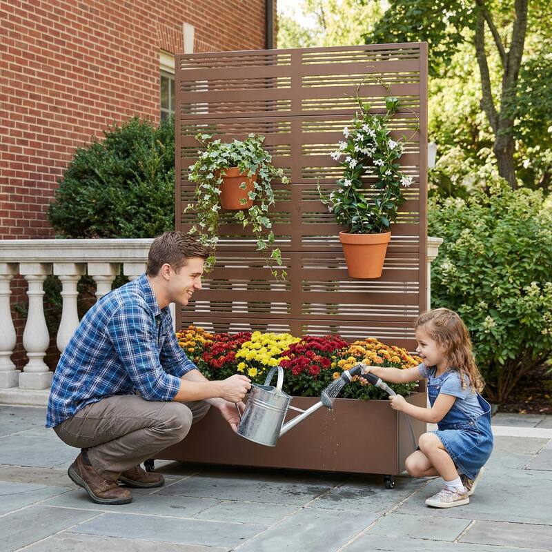 Outdoor Metal Galvanized Privacy Screen Planter Box with Trellis Lockable Wheels