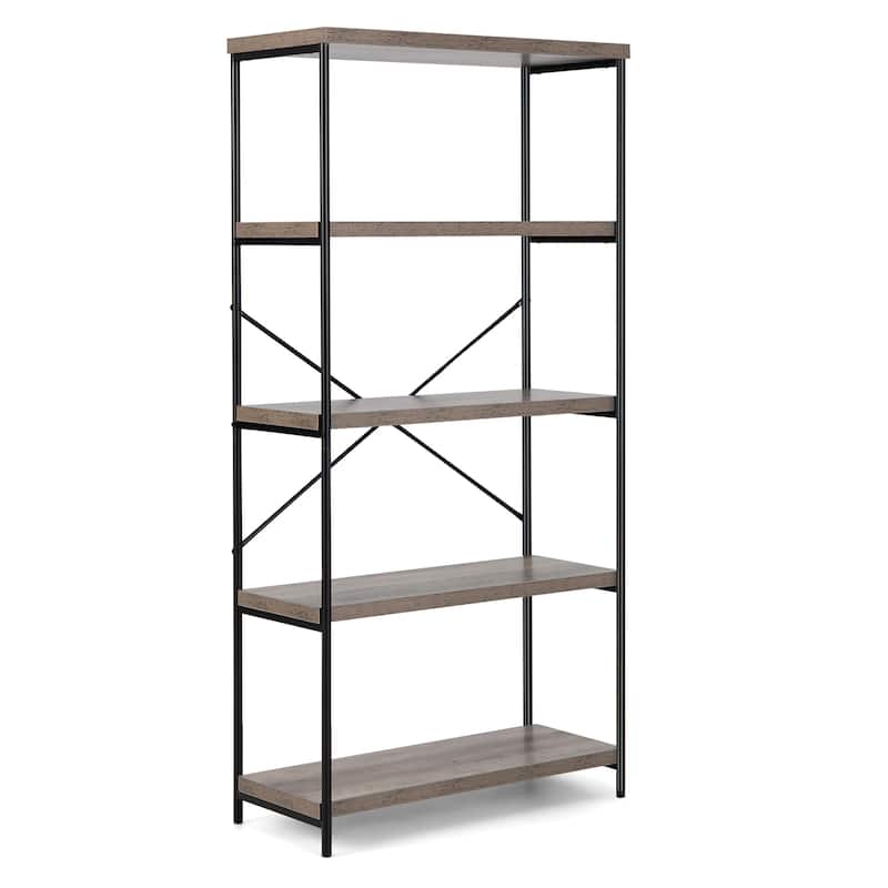 5 Tier Bookcase Industrial Wood Bookshelf Accent Display Rack - Grey - 1 PCS