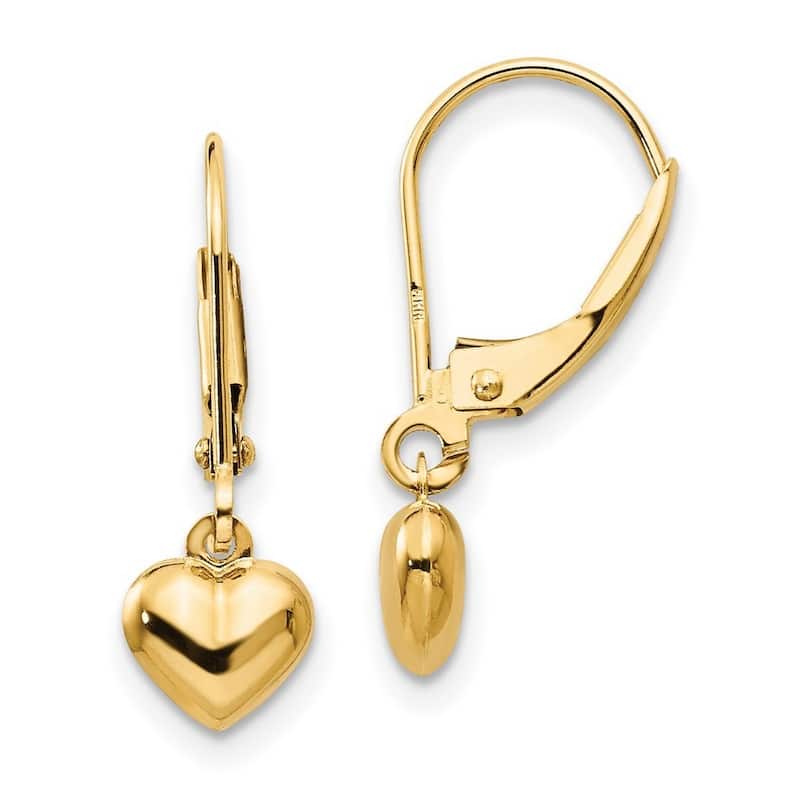 Curata 14k Yellow Gold 20x6mm Childrens Puffed Heart Drop Leverback Earrings