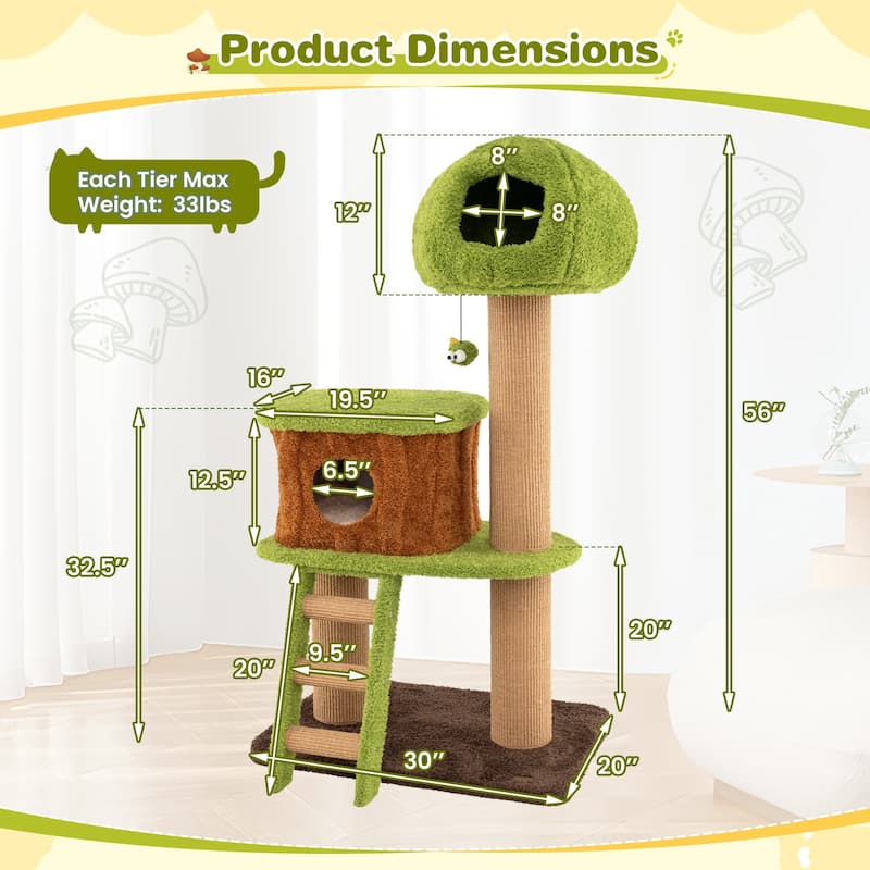 Cute Cat Tree with Mushroom-Shaped Nest Condo and Climbing Ladder for Indoor Cats - 30" x 20" x 56"