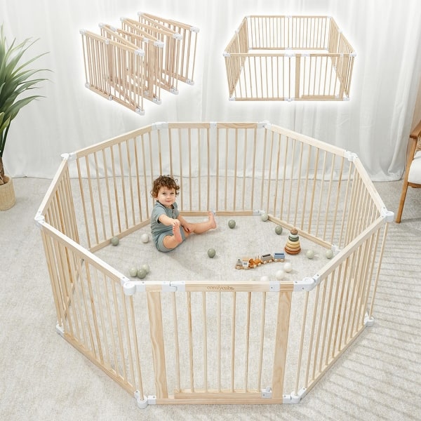 slide 2 of 29, Baby Playpen & Baby Gate for Toddler and Babies, Foldable Wooden Large Shape Playpen with Locking Gate by Comfy Cubs Natural Wood