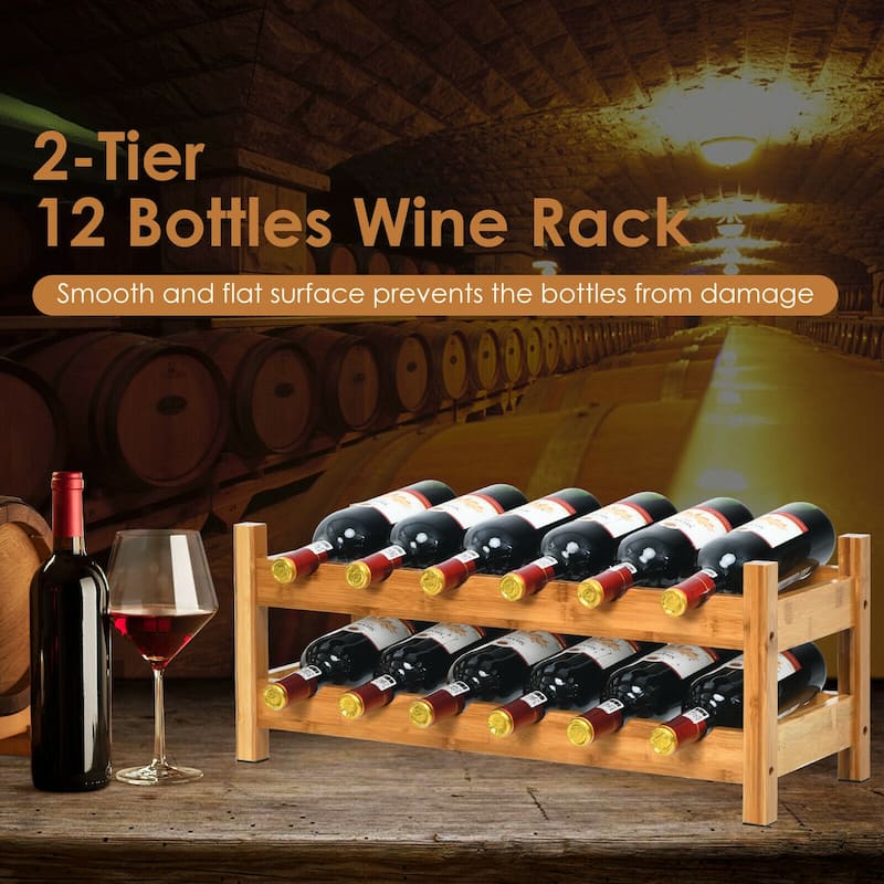 Gymax 2-Tier Bamboo Wine Rack 12 Bottles Display Storage Shelf Holder - See Details