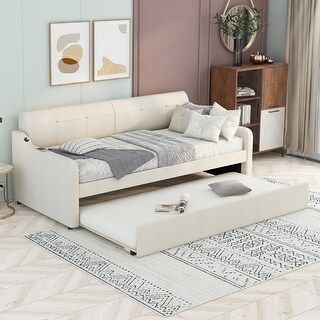Upholstered Bed Twin Size Daybed with Trundle and USB Charging Design, Livingroom Daybed with Pull-out Sofa Bed
