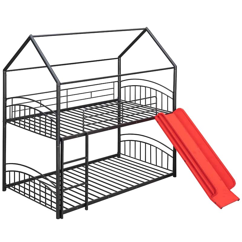 Twin over Twin Size Metal Bunk Bed With Slide, Roof, Fence and Ladder for Bedroom