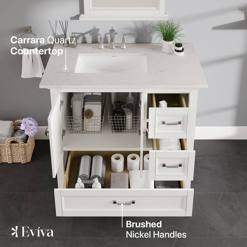 Eviva Britney 36" White Bath Vanity with Carrara Quartz Top