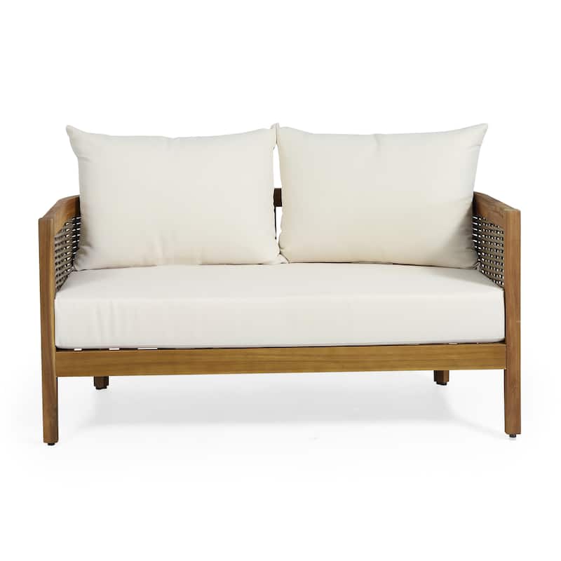 Burchett Outdoor Acacia Wood and Wicker 4 Seater Chat Set with Optional Sunbrella Cushions by Christopher Knight Home