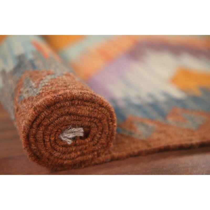 Hand Woven Oriental 100% Wool Carpet Southwestern Geometric Multi-Colored Kilim Runner Rug - 7' 6'' X 2' 5''