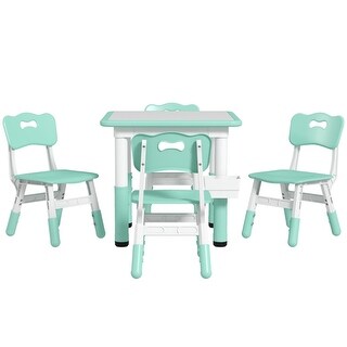 5 Piece Green Kids Table and Chair Sets with Adjustable Height and Under Storage Box - 23.6" L x 23.6" W x 18.1"-22.8" H