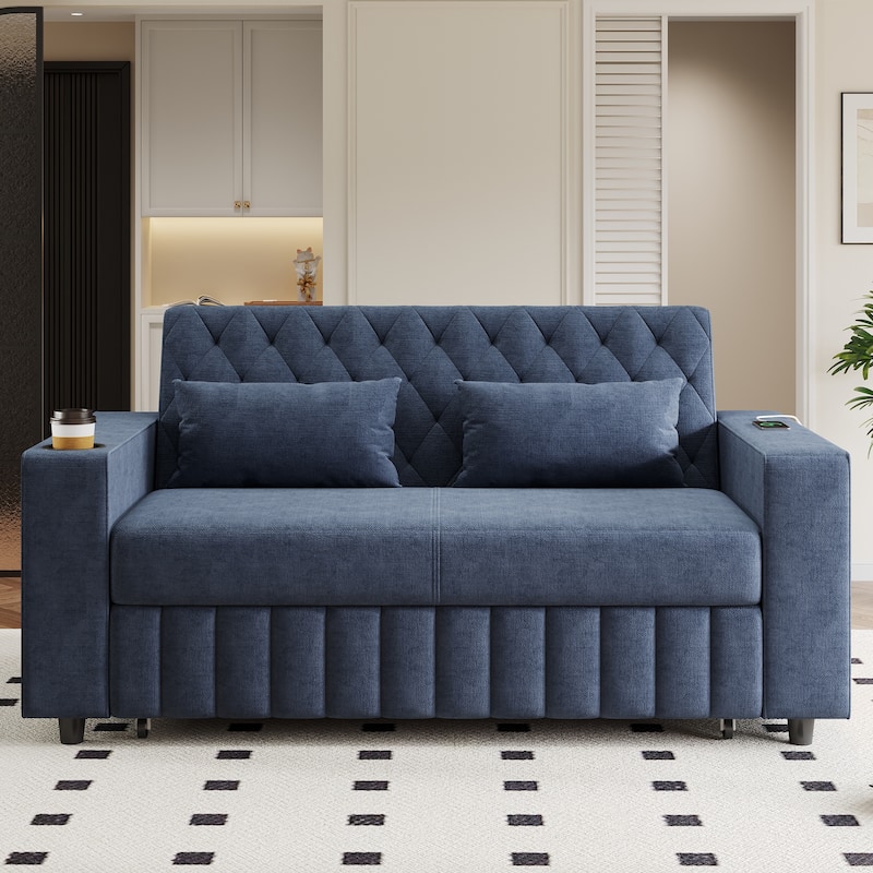 Transformable Chenille Fabric Sofa Bed with Adjustable Tufted Backrest, USB Ports, and Ample Storag - Blue