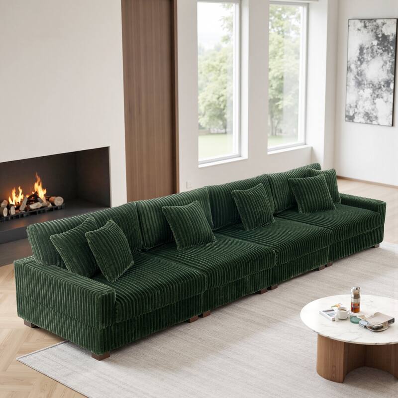 Modular Cotton Flannel Plush Sectional Sofa with Ottomans - Green-4 piece