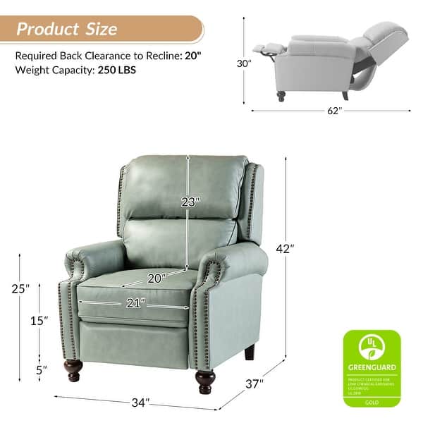 dimension image slide 4 of 10, HULALA HOME Gabriela Mid-Century Modern Genuine Leather Recliner with Tapered Block Solid Wood Feet