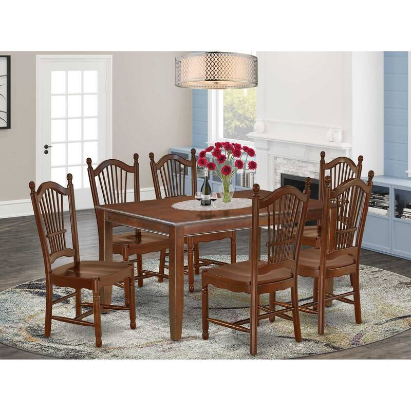 HomeStock 7-Piece Rectangle Mahogany Finish Solid Wood Top Dining Table with 6 Chairs with Lattice Back