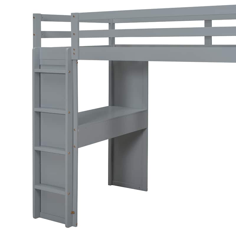 Gray Full Size Solid Wood Loft Bed with Shelves & LED Light