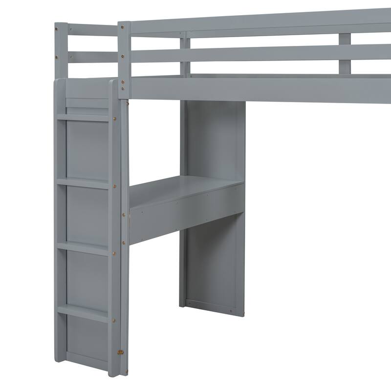 Gray Twin Size Solid Wood Loft Bed with Shelves, Writing Desk, and LED Light