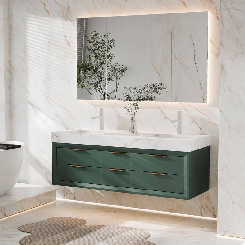 Modland 60" Modern Floating Bathroom Vanity with Double Sink, Soft-Close Drawers, White Stone Countertop